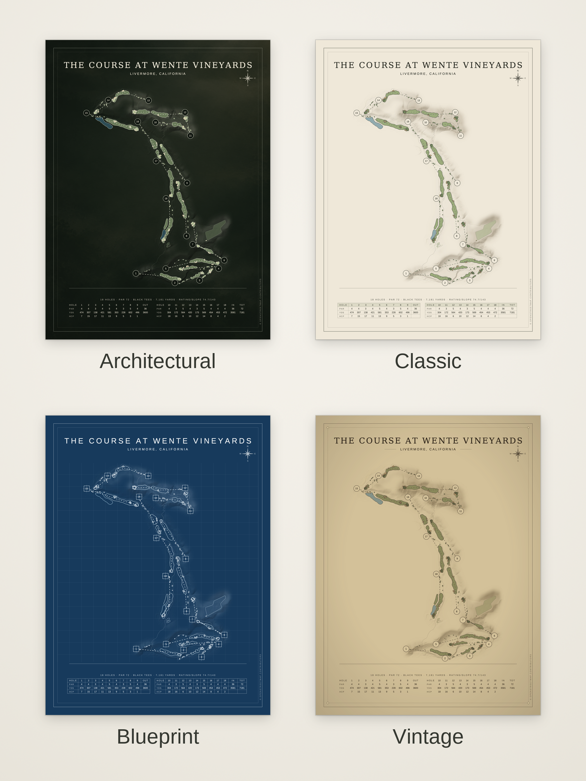 The Course at Wente Vineyards course map poster in four styles: Architectural, Classic, Blueprint and Vintage