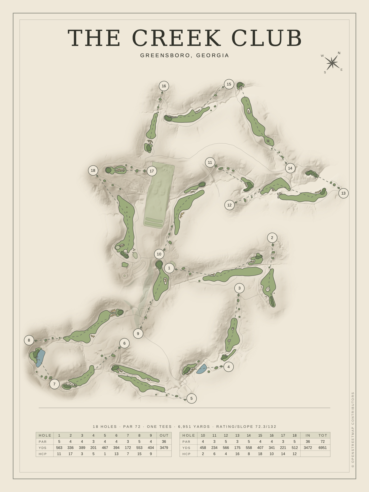 The Creek Club course map poster, Classic style, 12×16 / 18×24