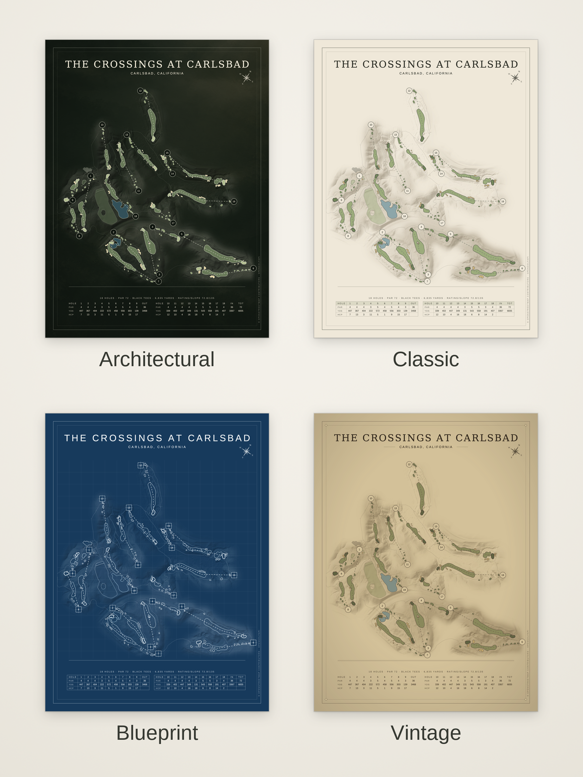 The Crossings at Carlsbad course map poster in four styles: Architectural, Classic, Blueprint and Vintage