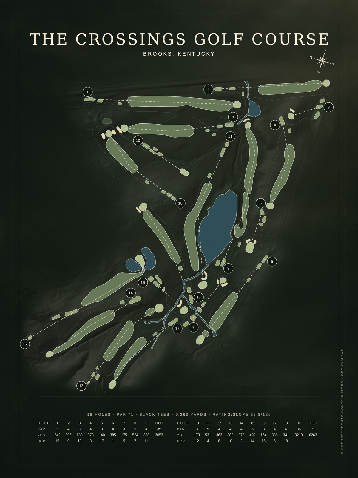 The Crossings Golf Course map poster, Architectural style, 12×16 / 18×24