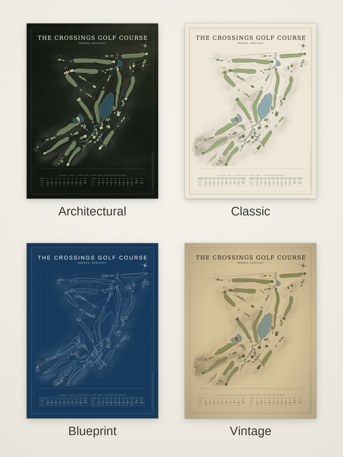 The Crossings Golf Course map poster in four styles: Architectural, Classic, Blueprint and Vintage