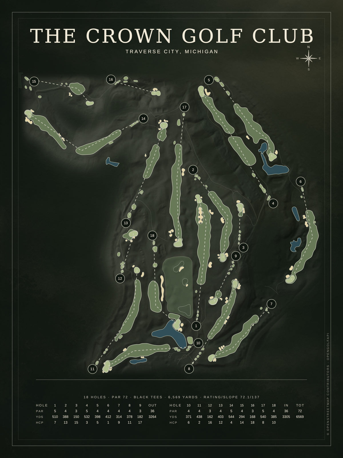 The Crown Golf Club course map poster, Architectural style, 12×16 / 18×24