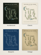 The Den at Fox Creek course map poster in four styles: Architectural, Classic, Blueprint and Vintage