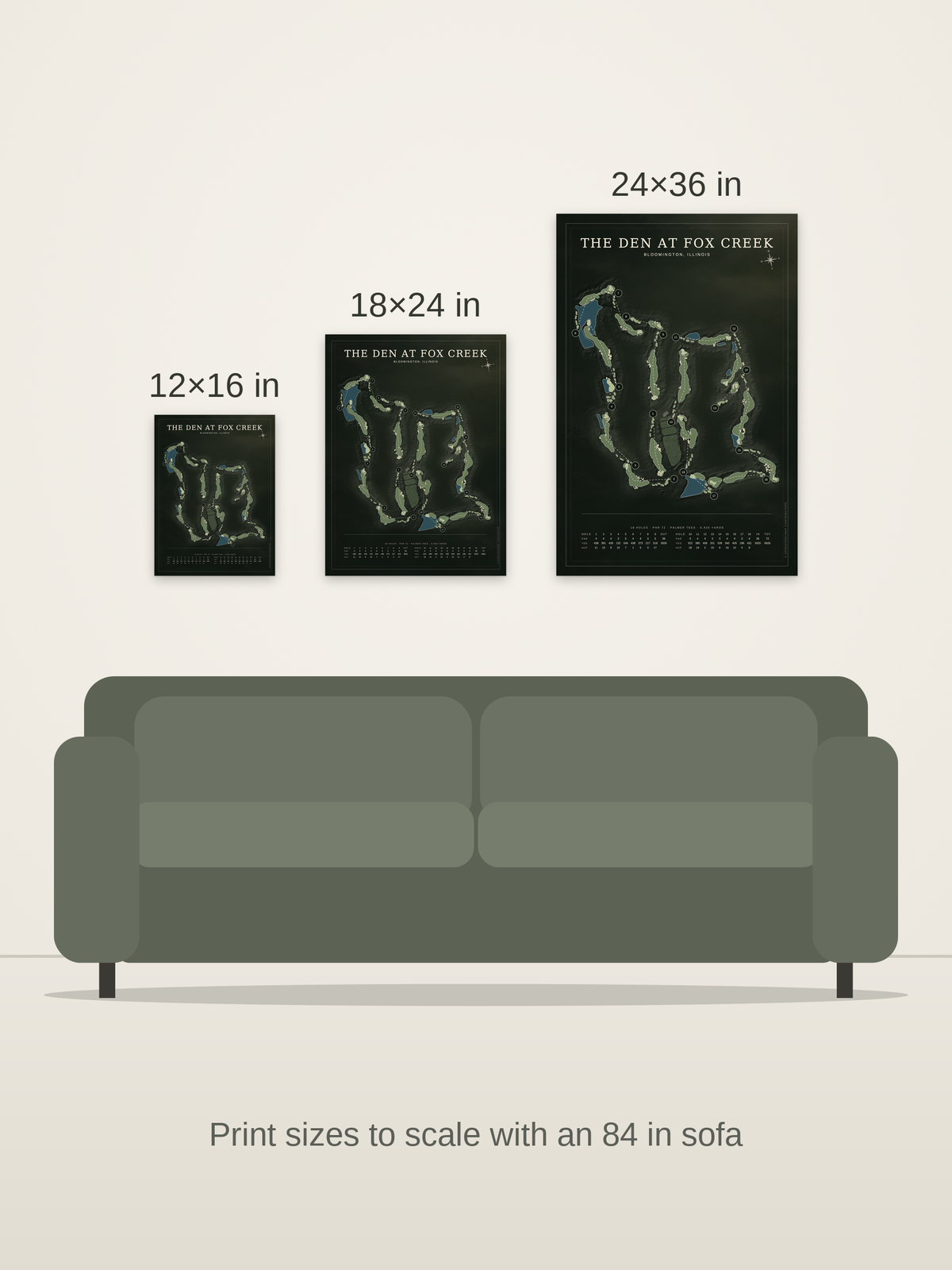 The Den at Fox Creek course map poster in the Architectural style at 12×16, 18×24 and 24×36 inches, shown to scale on a wall above an 84-inch sofa