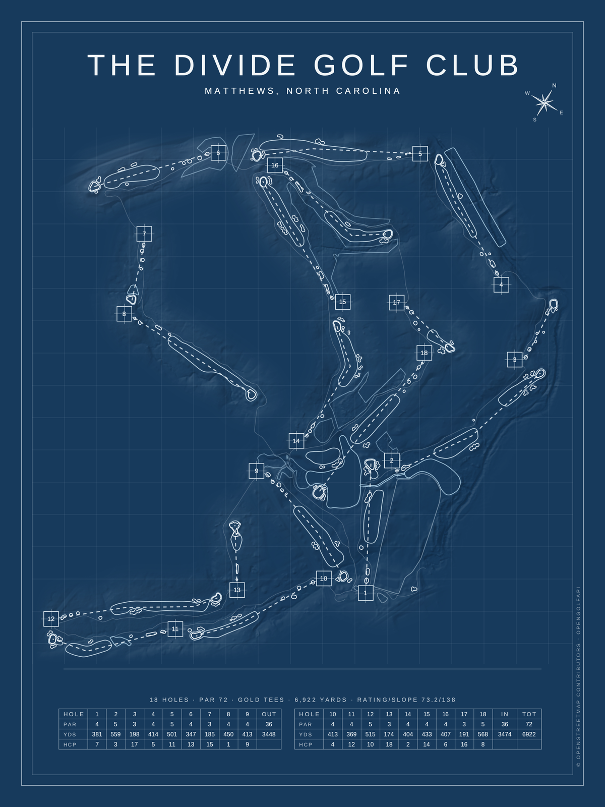 The Divide Golf Club course map poster, Blueprint style, 12×16 / 18×24