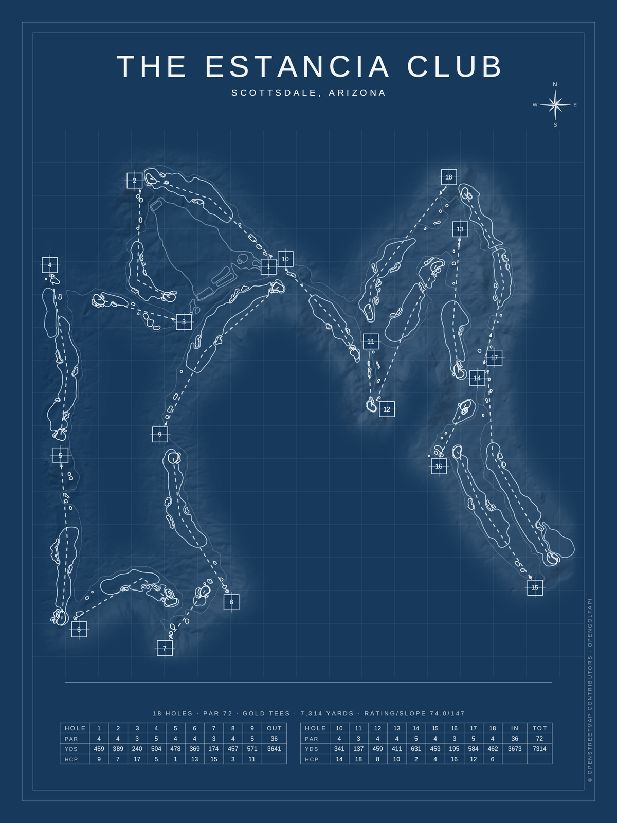 The Estancia Club course map poster, Blueprint style, 12×16 / 18×24