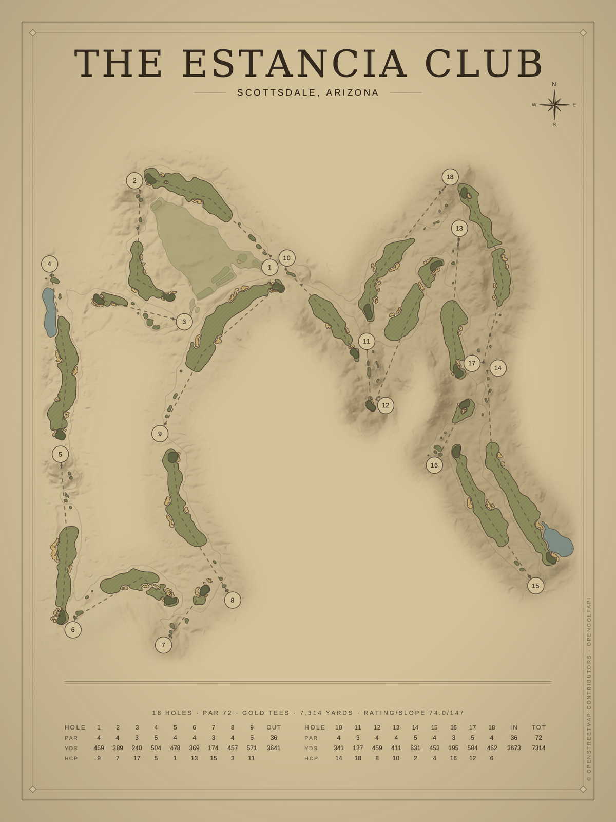 The Estancia Club course map poster, Vintage style, 12×16 / 18×24
