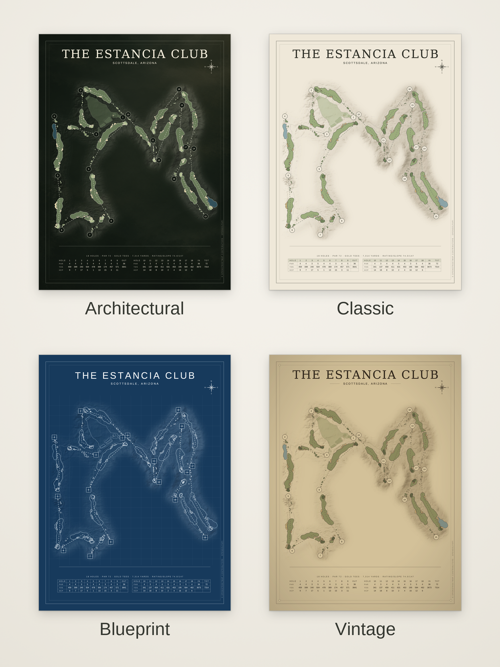 The Estancia Club course map poster in four styles: Architectural, Classic, Blueprint and Vintage