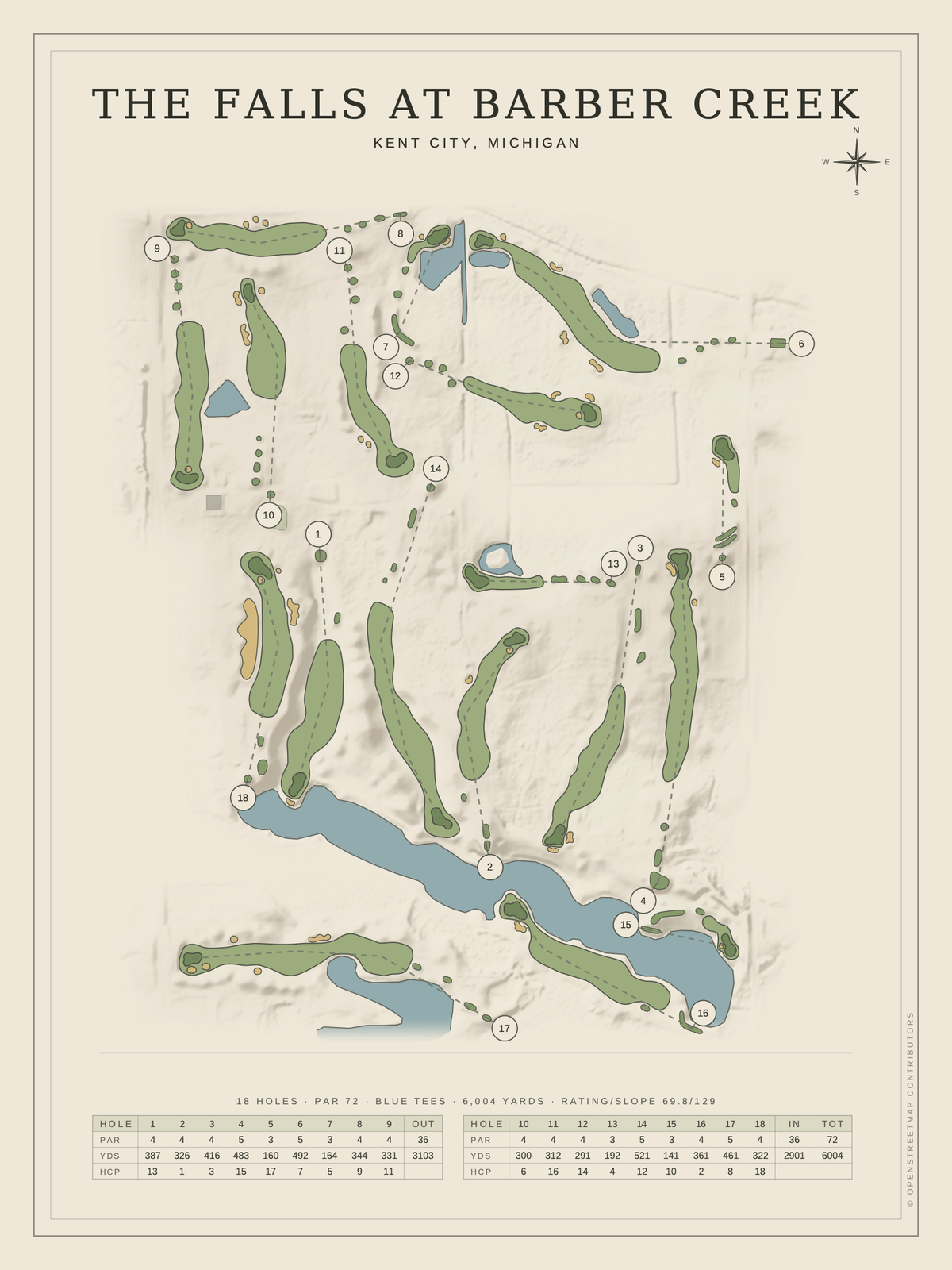 The Falls at Barber Creek course map poster, Classic style, 12×16 / 18×24