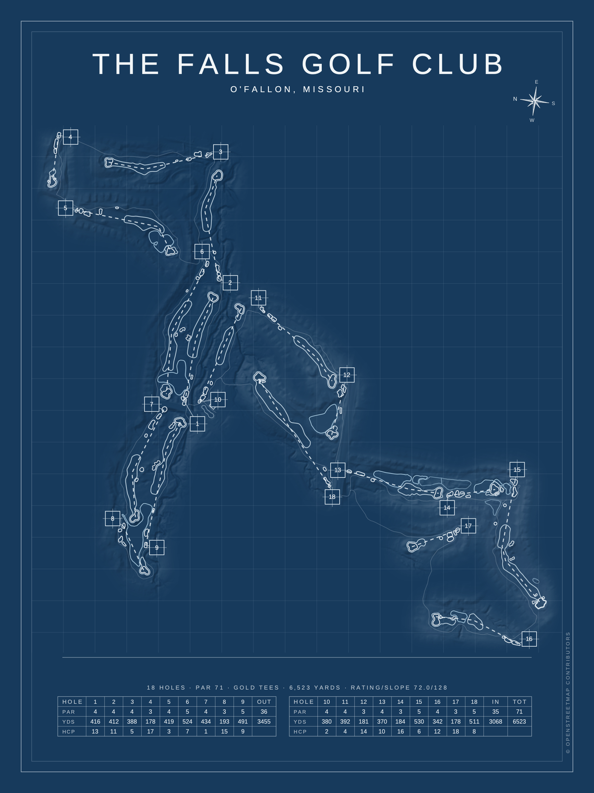 The Falls Golf Club course map poster, Blueprint style, 12×16 / 18×24