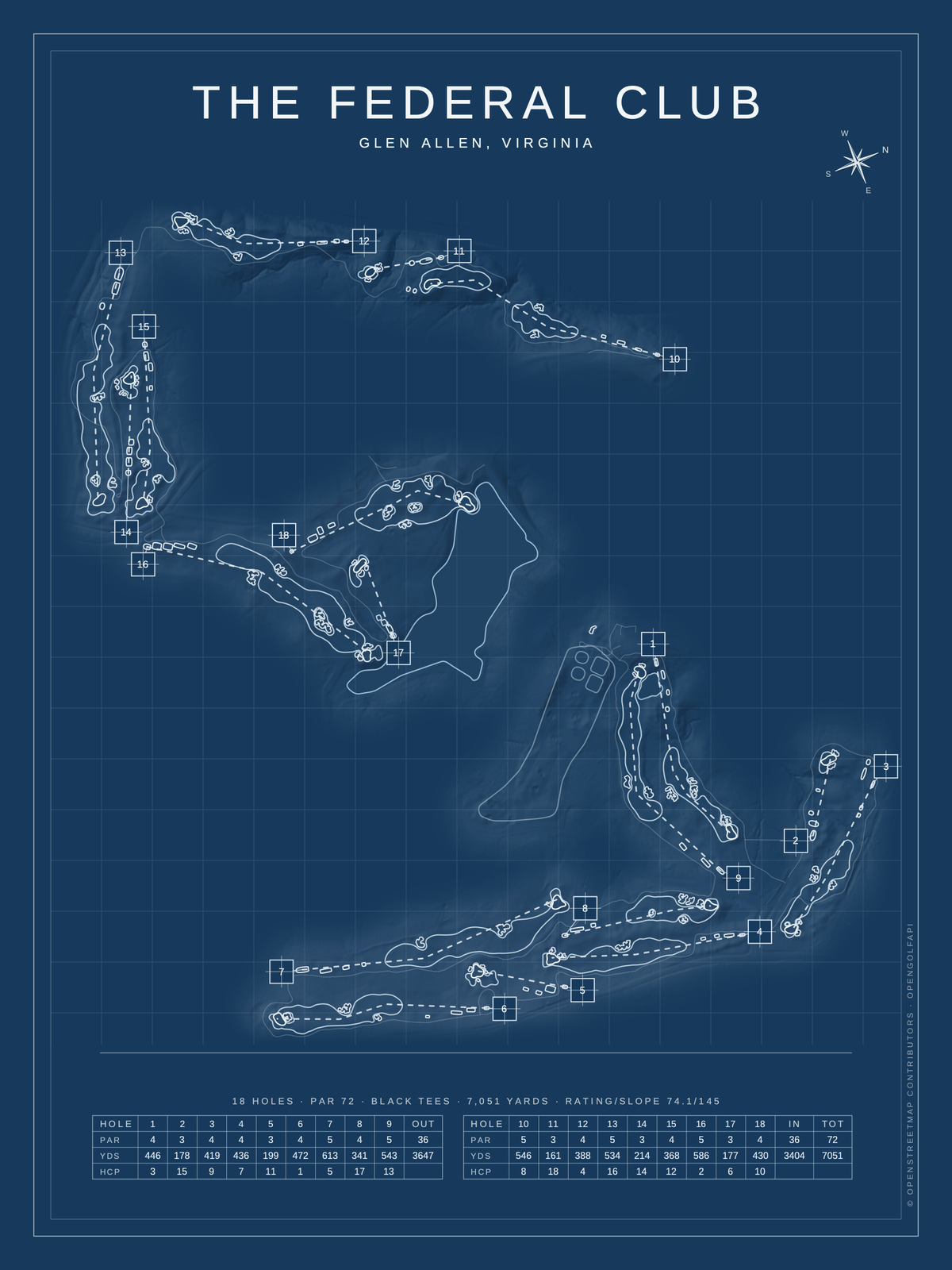 The Federal Club course map poster, Blueprint style, 12×16 / 18×24
