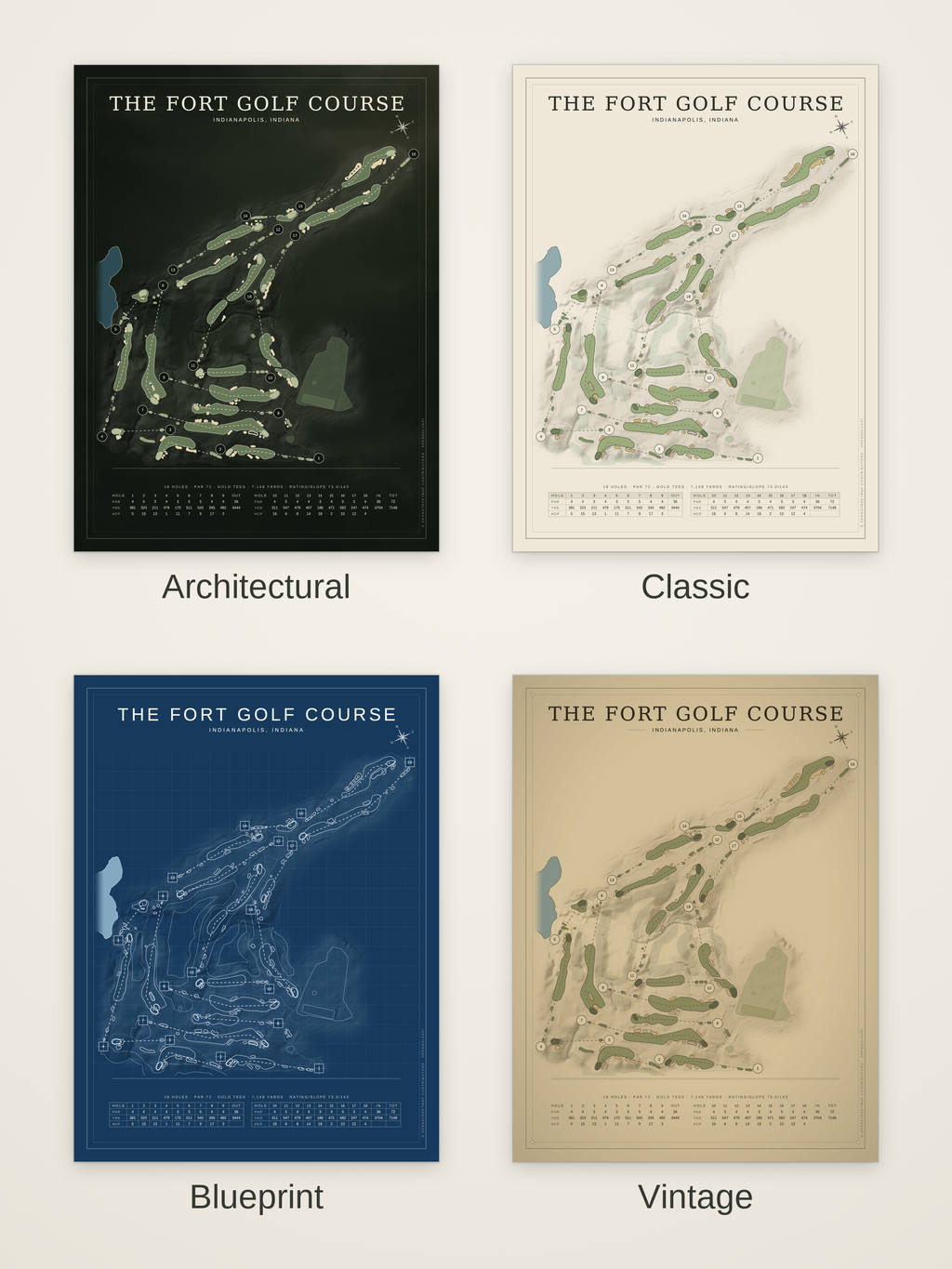 The Fort Golf Course map poster in four styles: Architectural, Classic, Blueprint and Vintage
