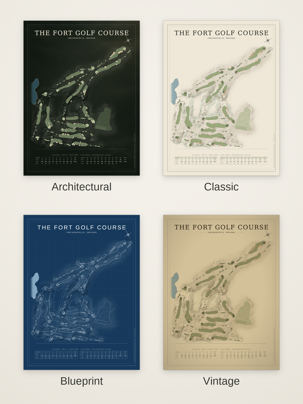 The Fort Golf Course map poster in four styles: Architectural, Classic, Blueprint and Vintage