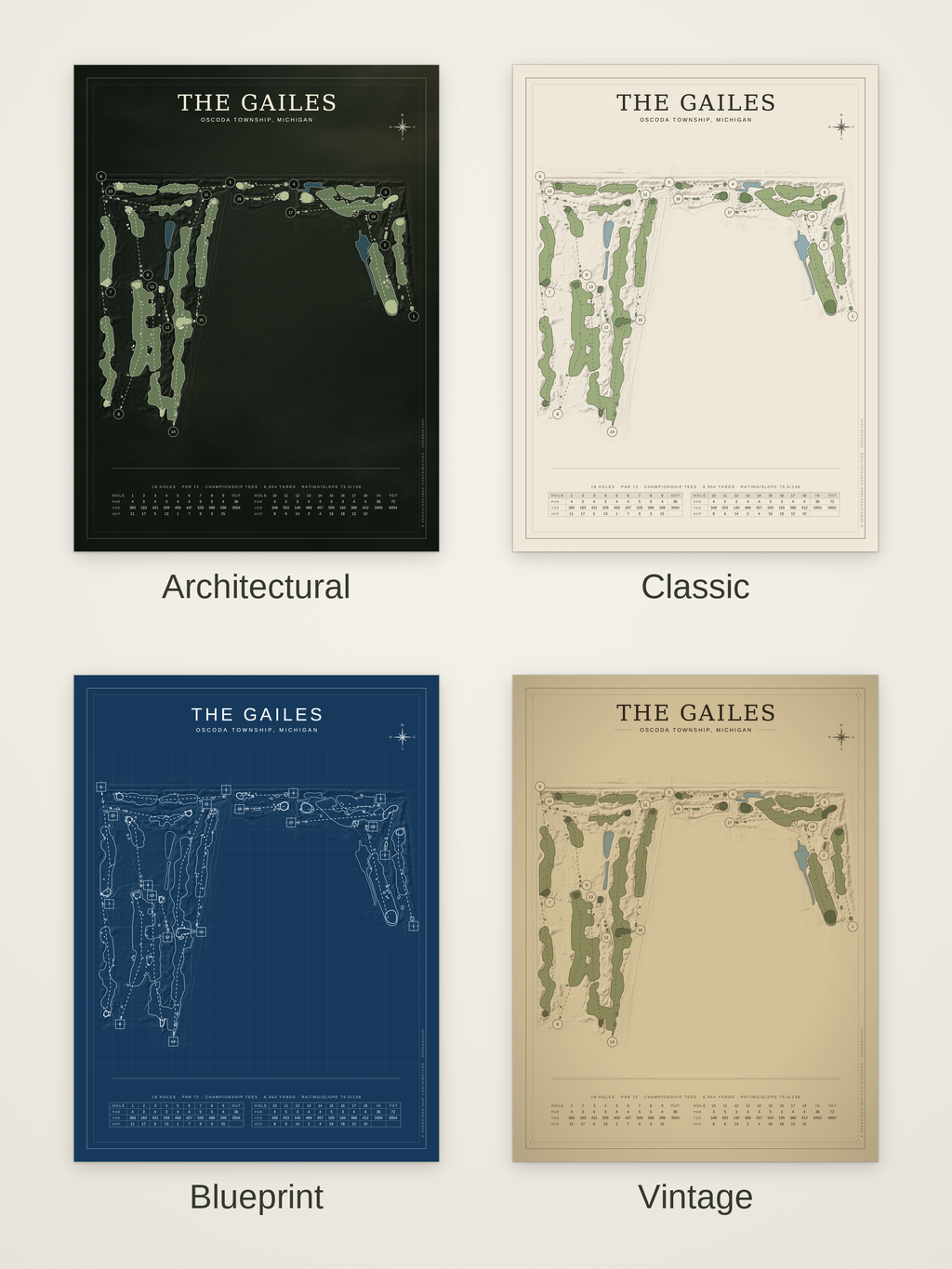 The Gailes course map poster in four styles: Architectural, Classic, Blueprint and Vintage