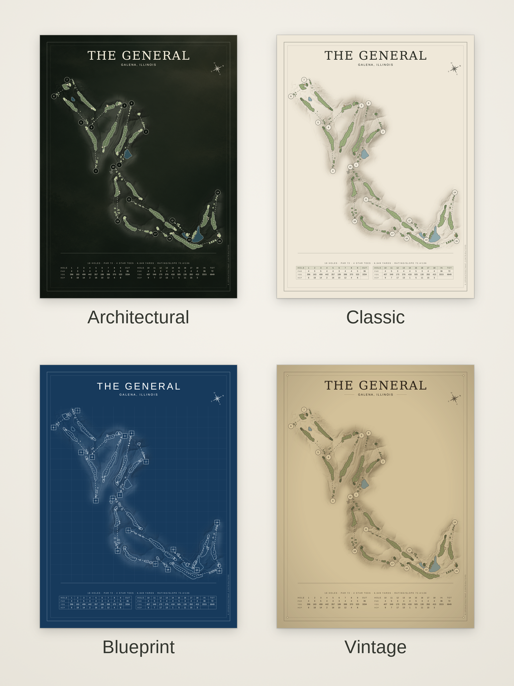 The General course map poster in four styles: Architectural, Classic, Blueprint and Vintage
