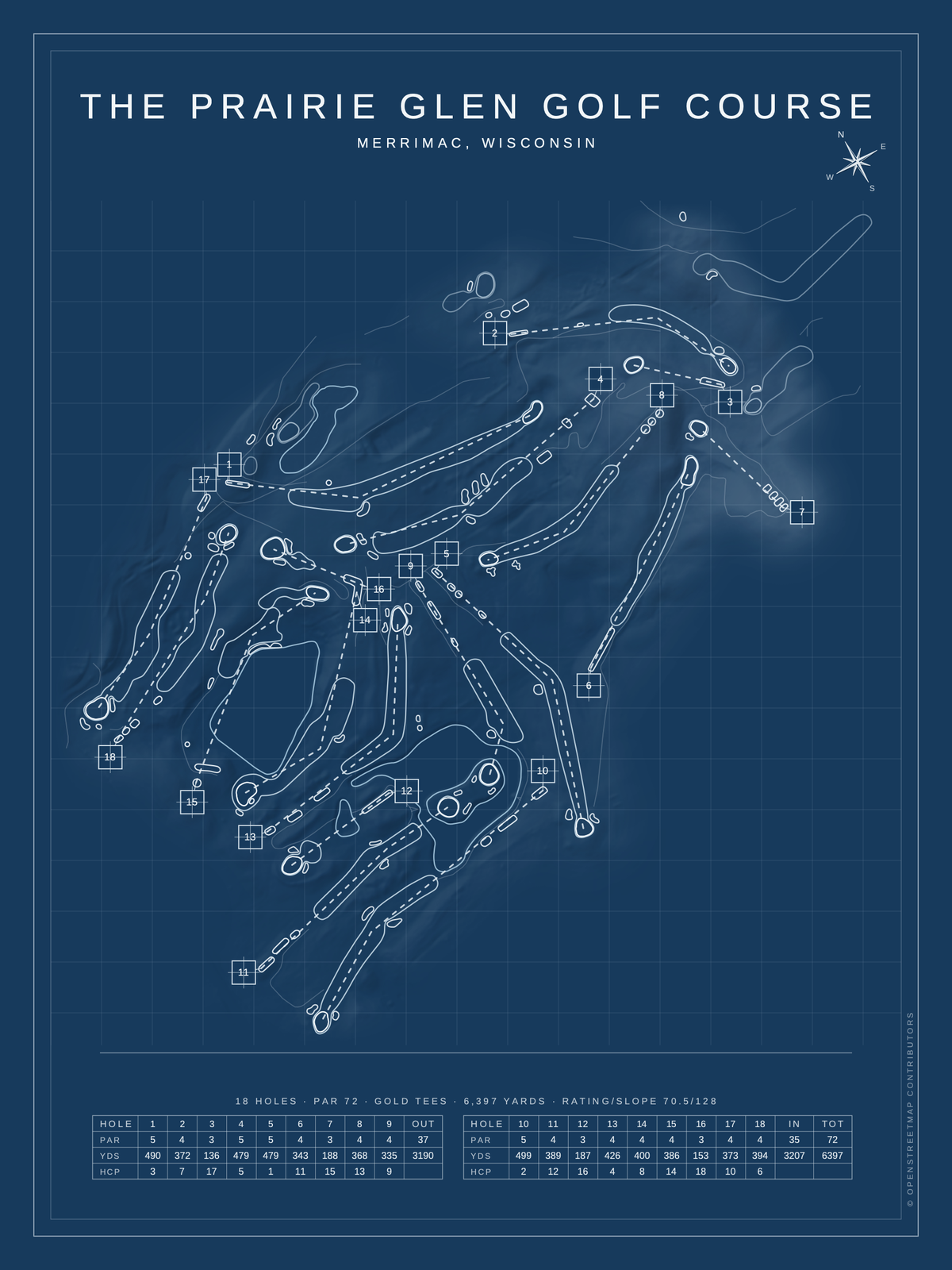 The Prairie Glen Golf Course map poster, Blueprint style, 12×16 / 18×24