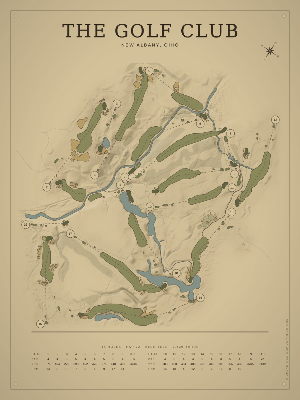 The Golf Club (New Albany) course map poster, Vintage style, 12×16 / 18×24