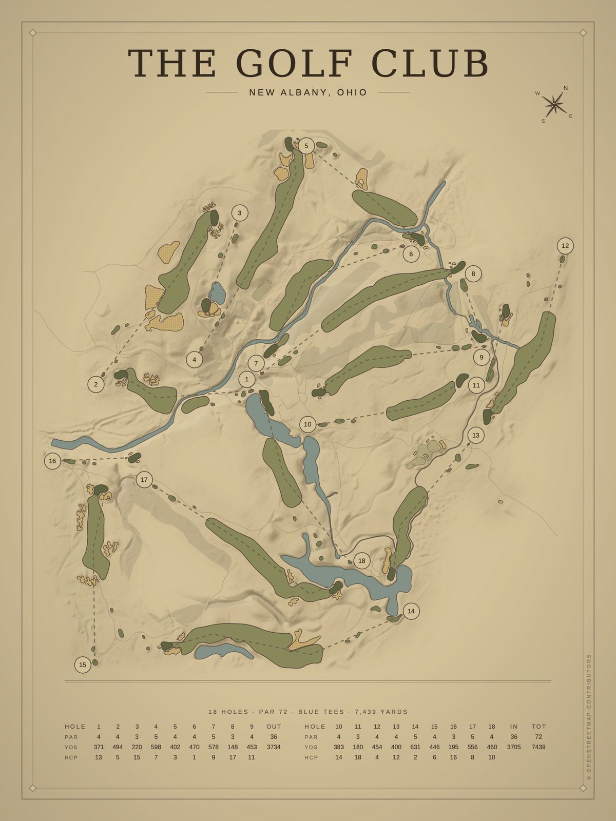 The Golf Club (New Albany) course map poster, Vintage style, 12×16 / 18×24