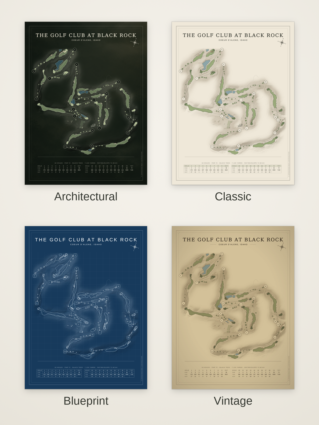 The Golf Club at Black Rock course map poster in four styles: Architectural, Classic, Blueprint and Vintage