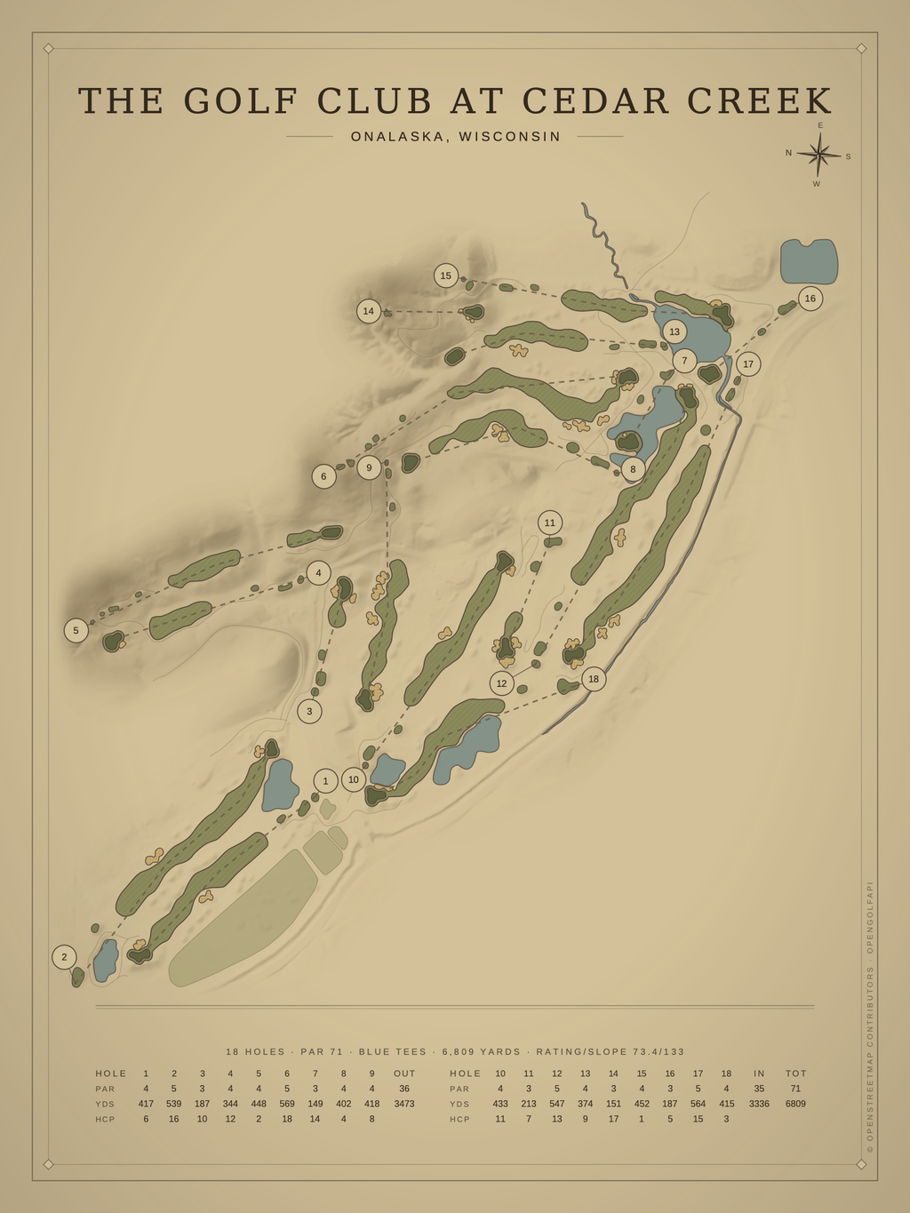 The Golf Club at Cedar Creek course map poster, Vintage style, 12×16 / 18×24