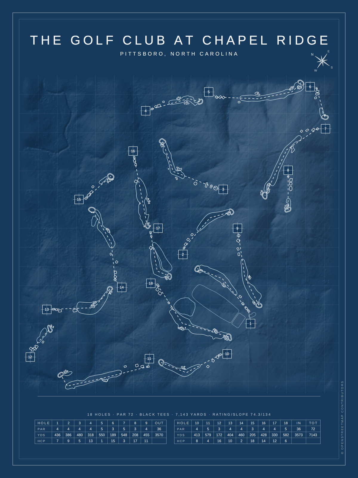 The Golf Club at Chapel Ridge course map poster, Blueprint style, 12×16 / 18×24