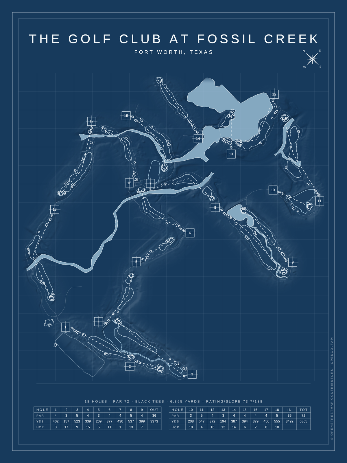 The Golf Club at Fossil Creek course map poster, Blueprint style, 12×16 / 18×24