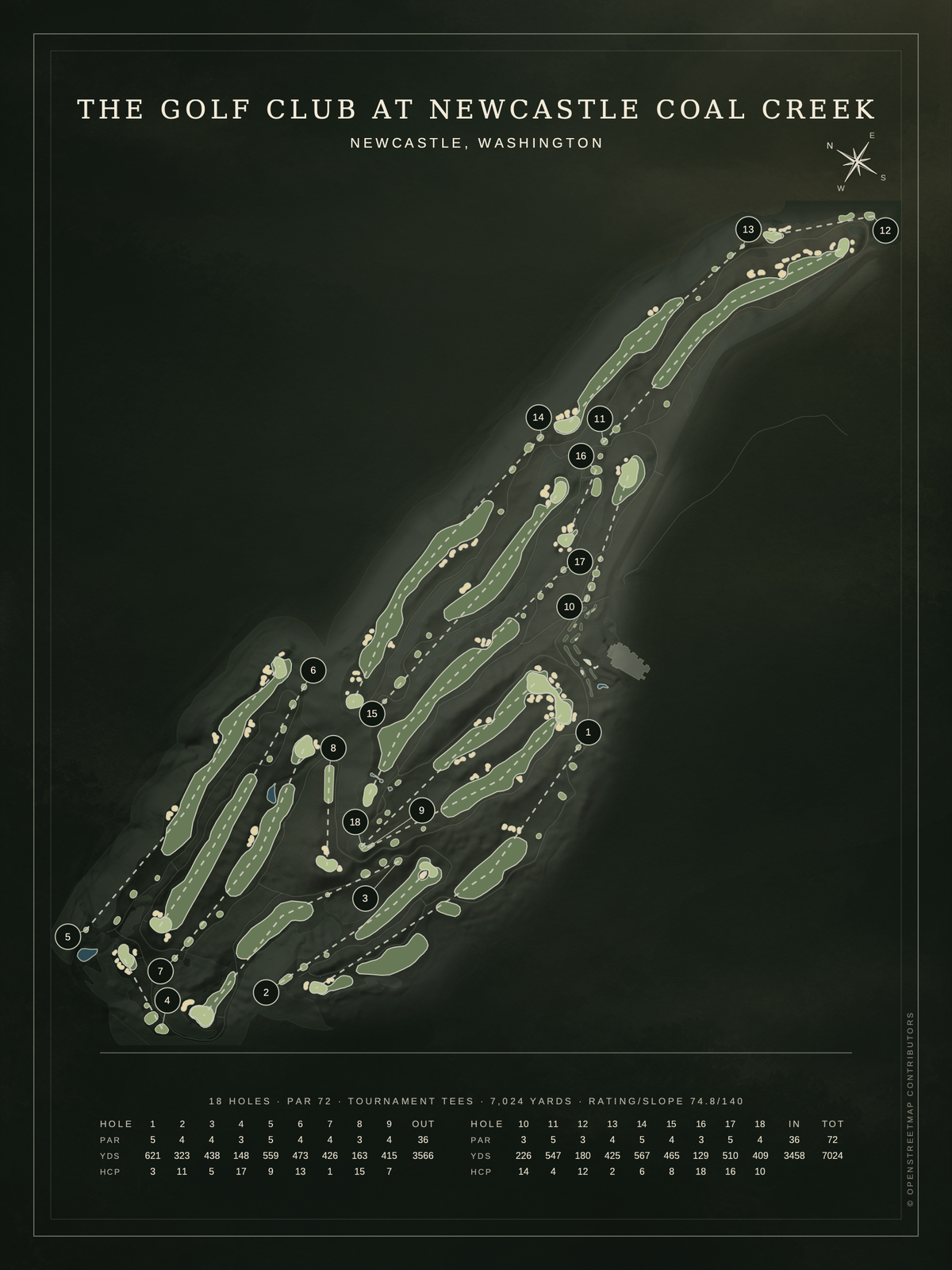 The Golf Club at Newcastle Coal Creek course map poster, Architectural style, 12×16 / 18×24