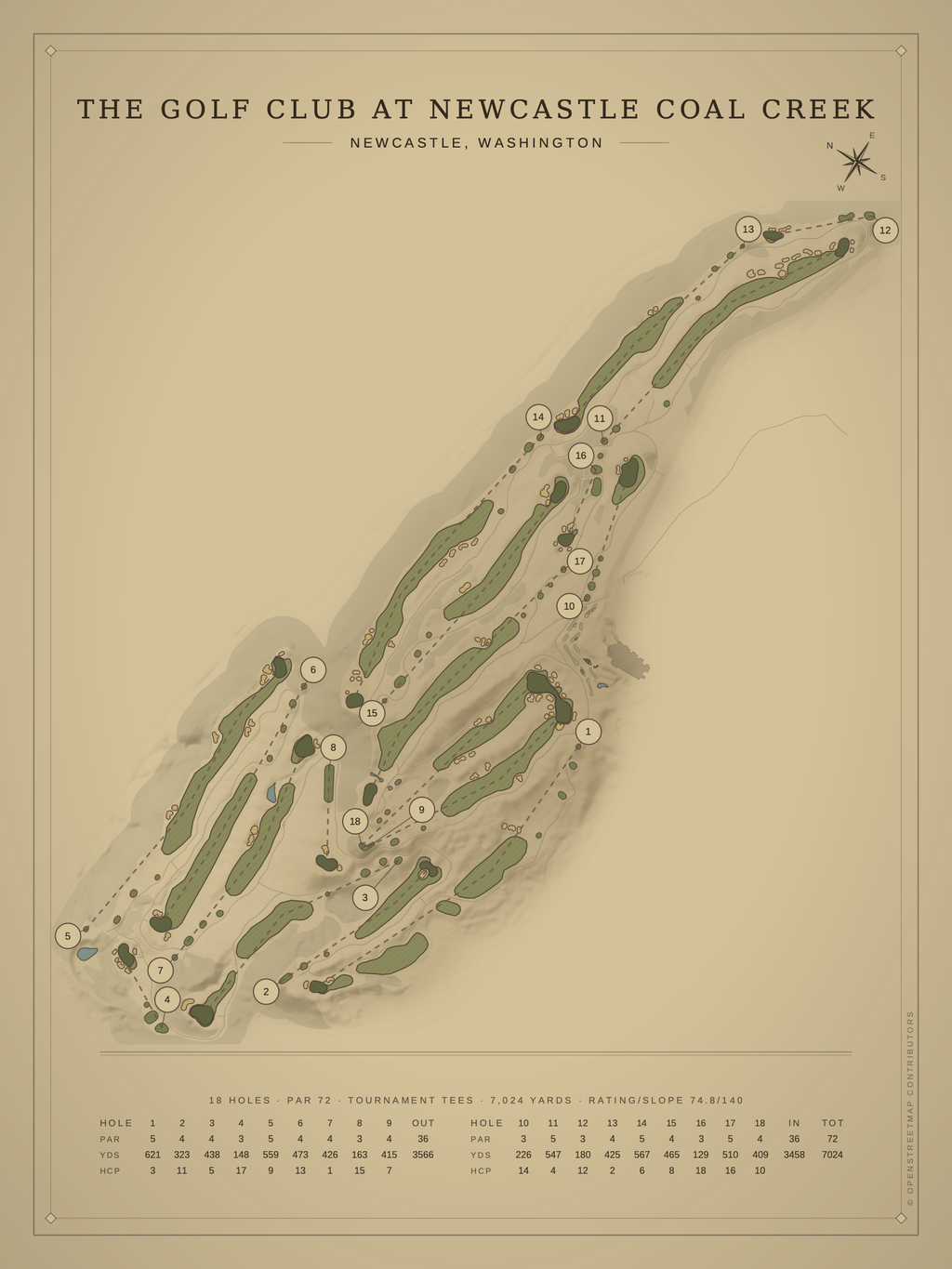The Golf Club at Newcastle Coal Creek course map poster, Vintage style, 12×16 / 18×24