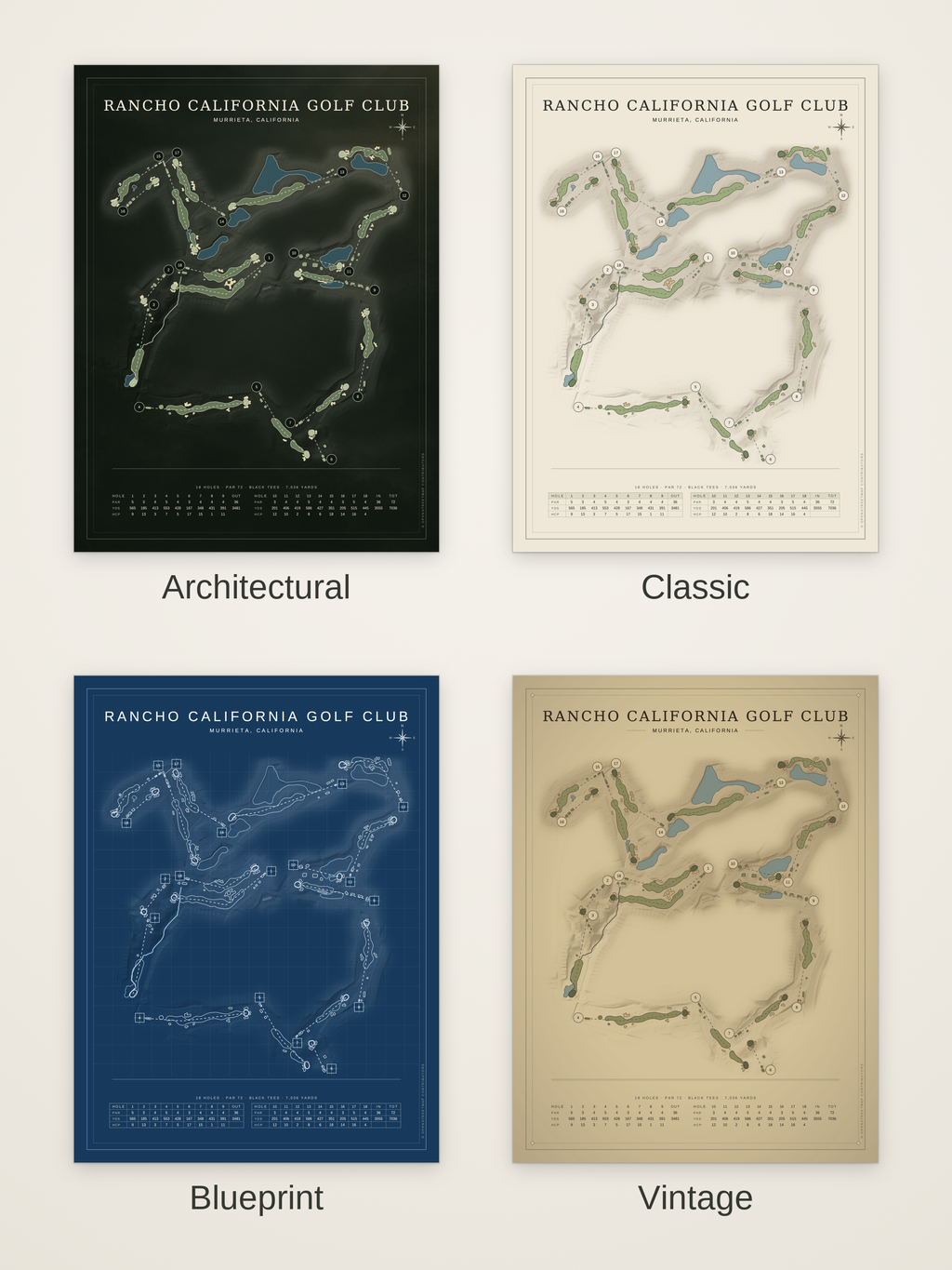 Rancho California Golf Club course map poster in four styles: Architectural, Classic, Blueprint and Vintage