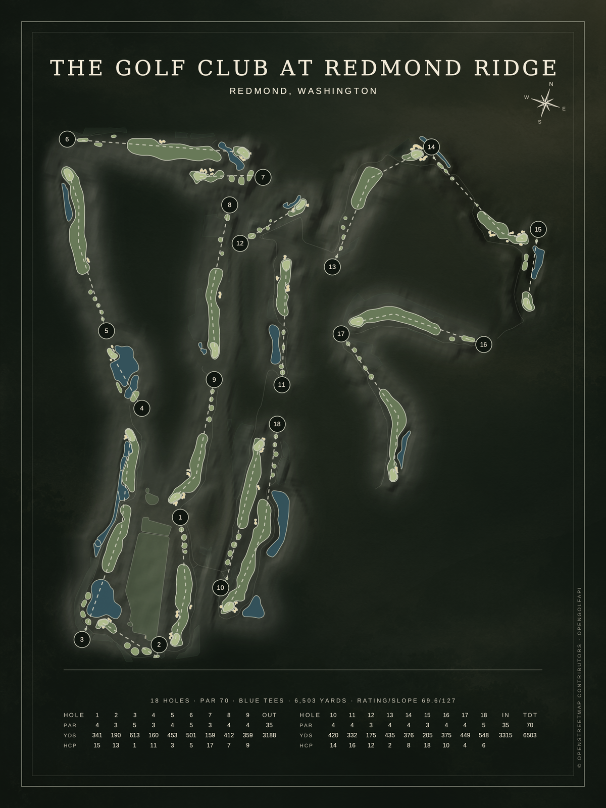 The Golf Club at Redmond Ridge course map poster, Architectural style, 12×16 / 18×24