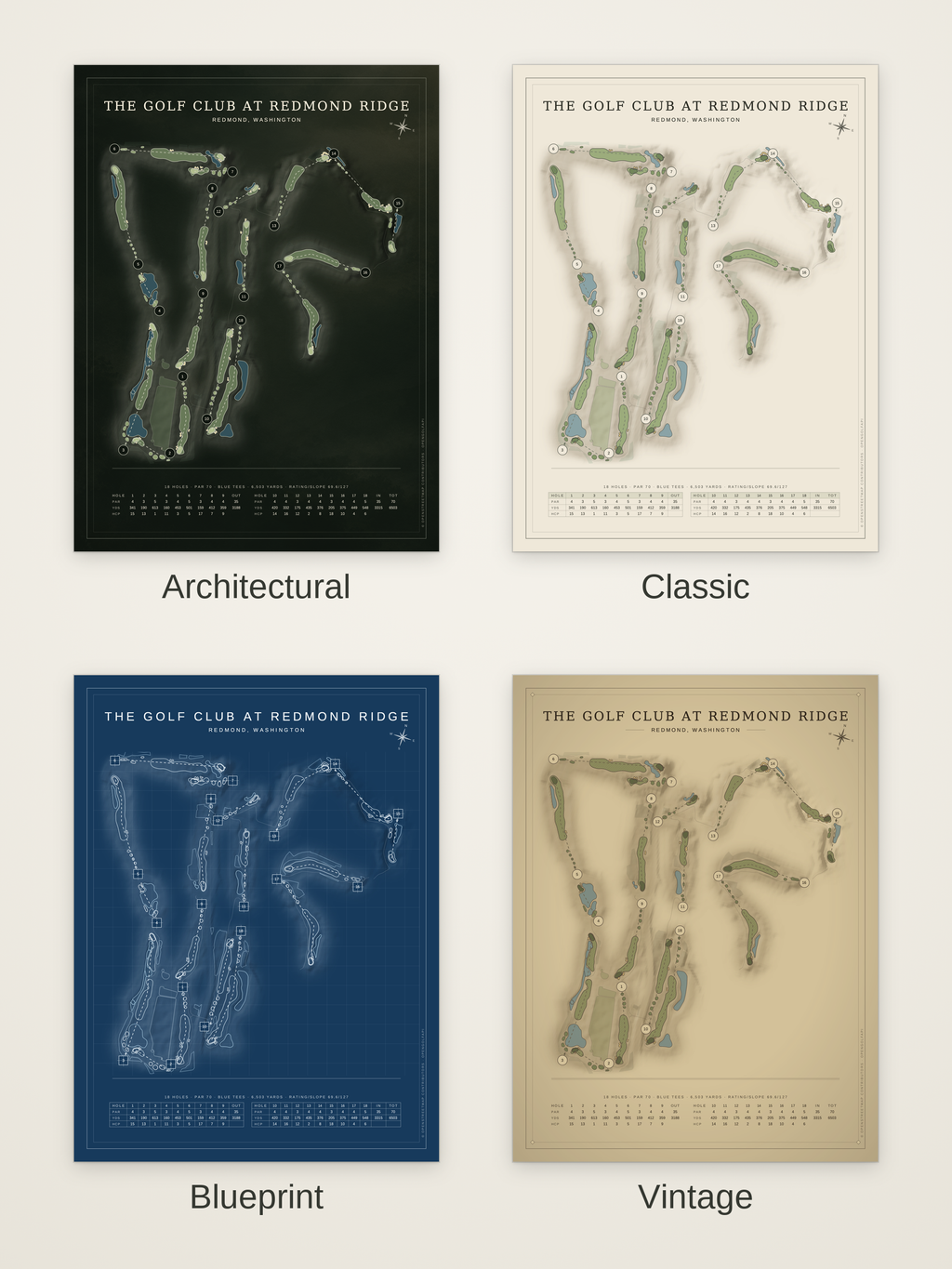 The Golf Club at Redmond Ridge course map poster in four styles: Architectural, Classic, Blueprint and Vintage