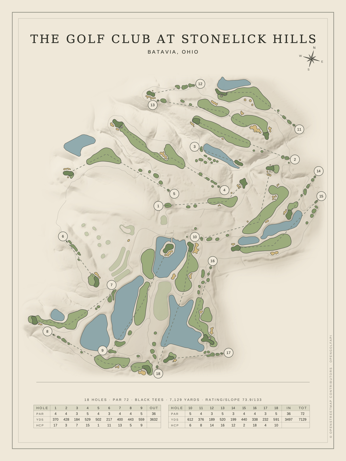 The Golf Club at Stonelick Hills course map poster, Classic style, 12×16 / 18×24