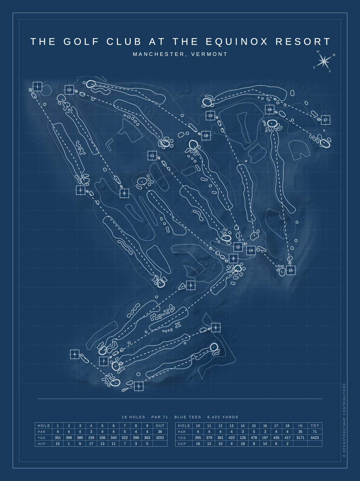 The Golf Club at The Equinox Resort course map poster, Blueprint style, 12×16 / 18×24