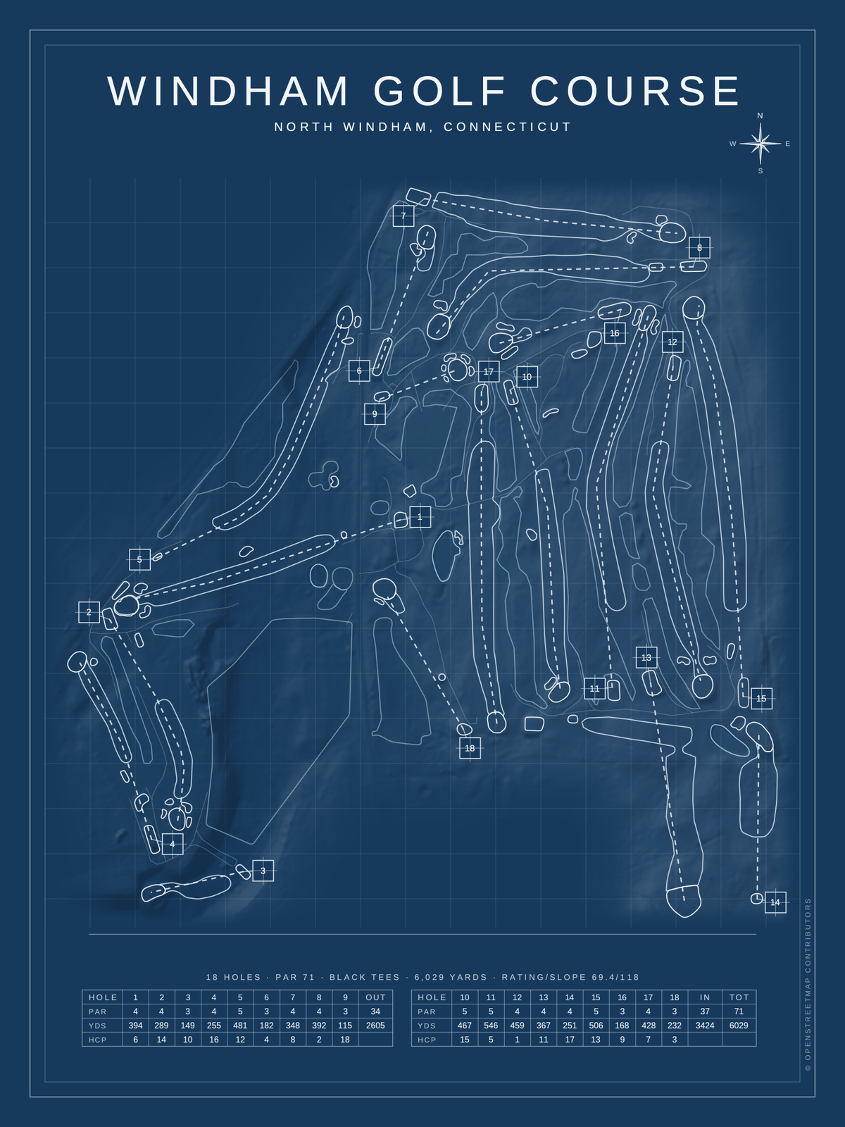 Windham Golf Course map poster, Blueprint style, 12×16 / 18×24