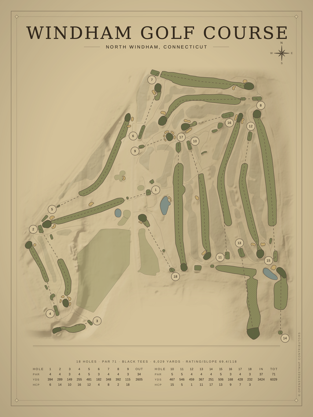 Windham Golf Course map poster, Vintage style, 12×16 / 18×24