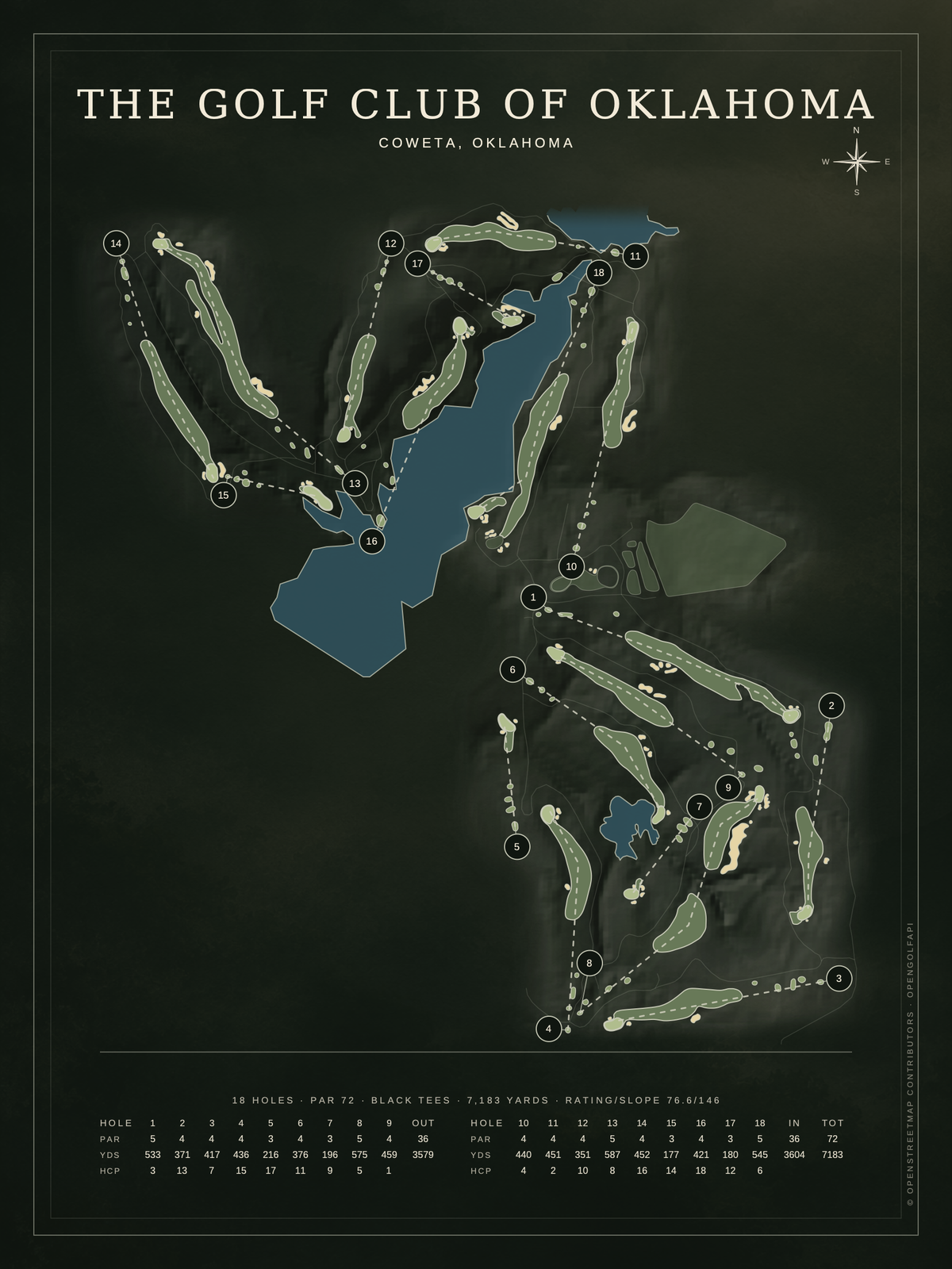 The Golf Club of Oklahoma course map poster, Architectural style, 12×16 / 18×24