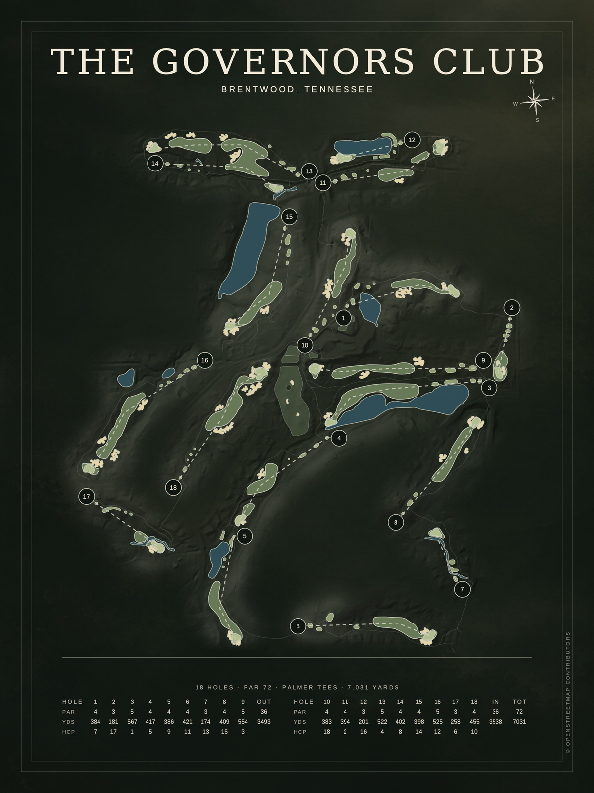 The Governors Club course map poster, Architectural style, 12×16 / 18×24