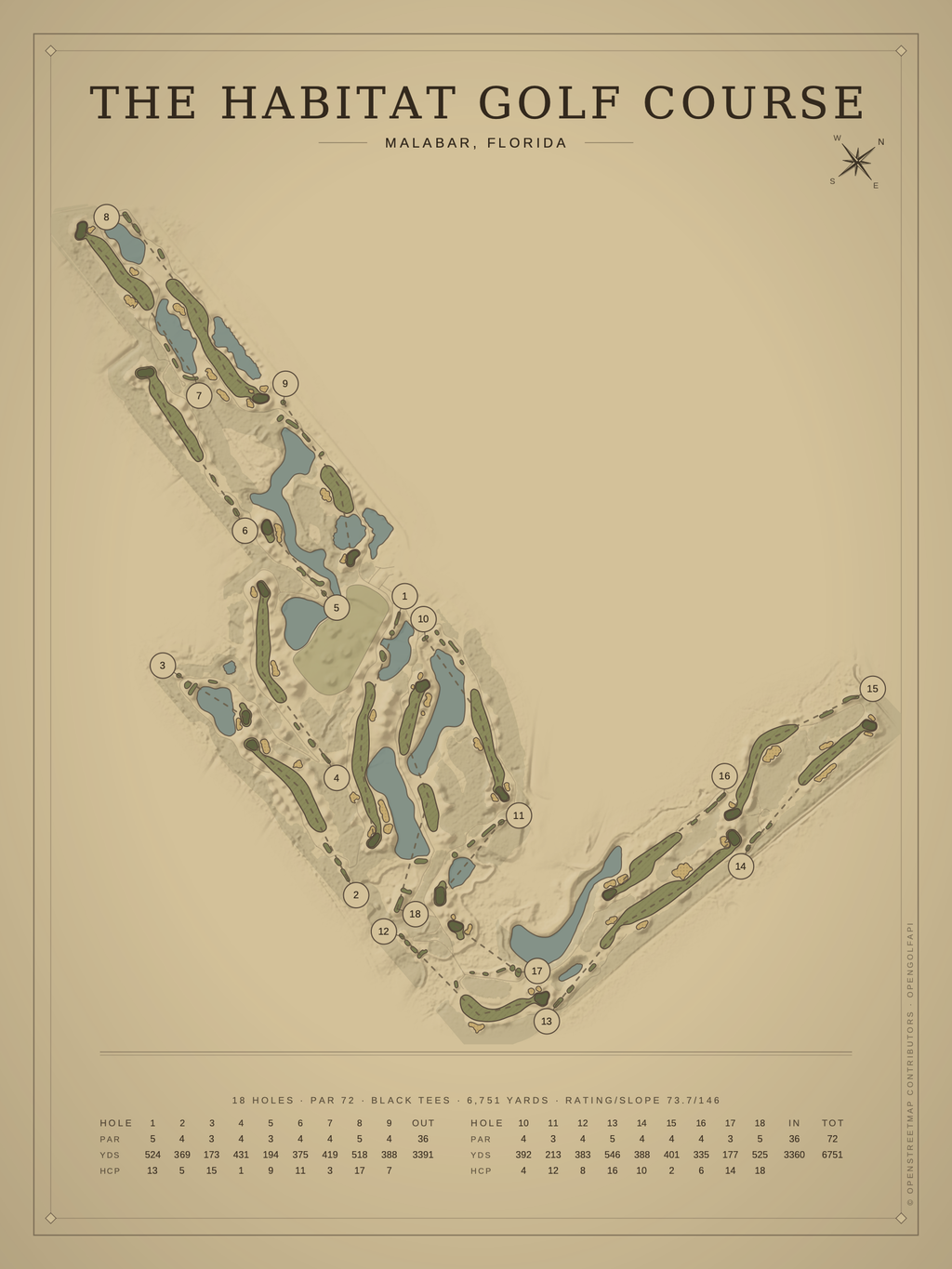 The Habitat Golf Course map poster, Vintage style, 12×16 / 18×24
