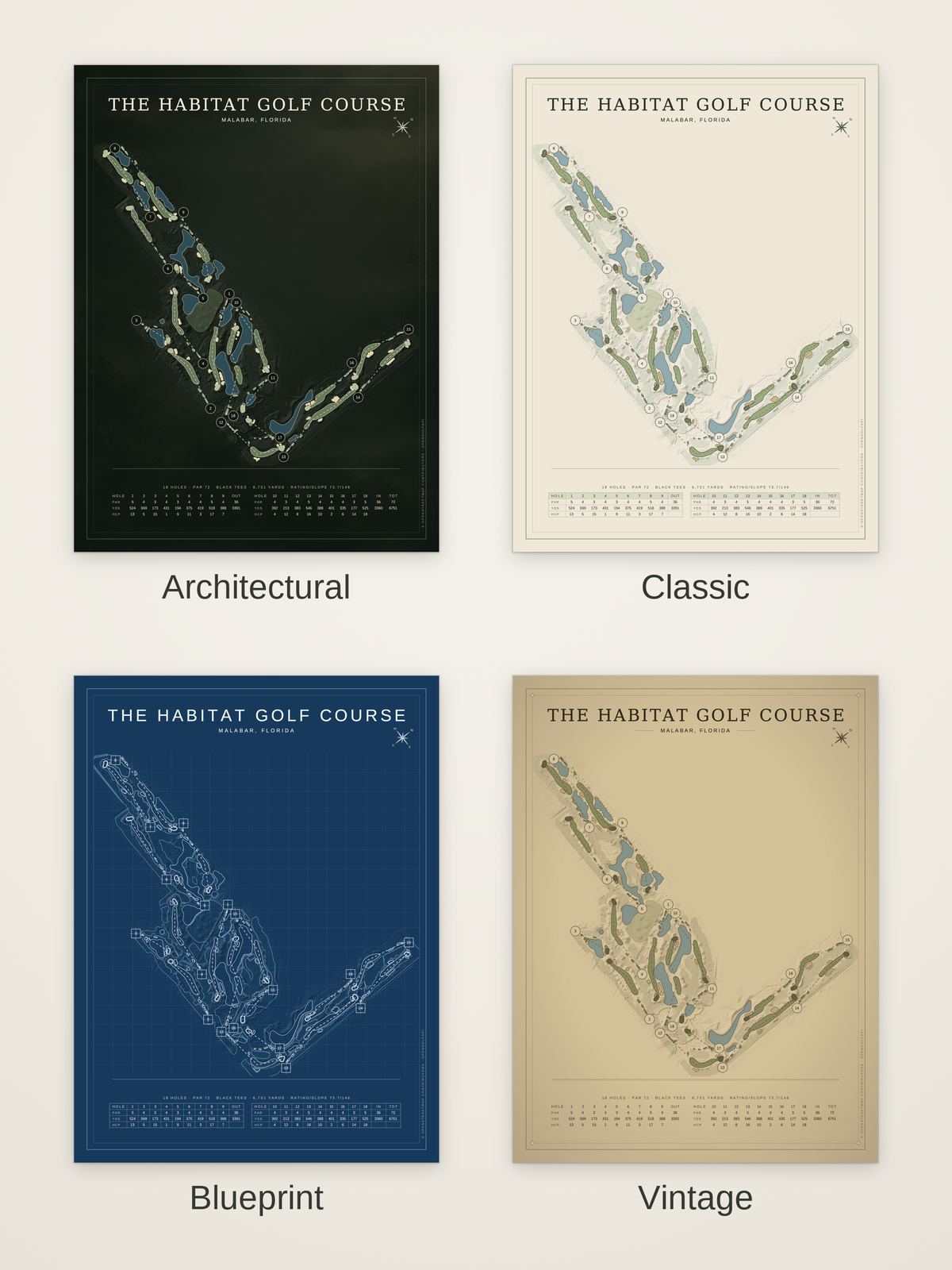 The Habitat Golf Course map poster in four styles: Architectural, Classic, Blueprint and Vintage