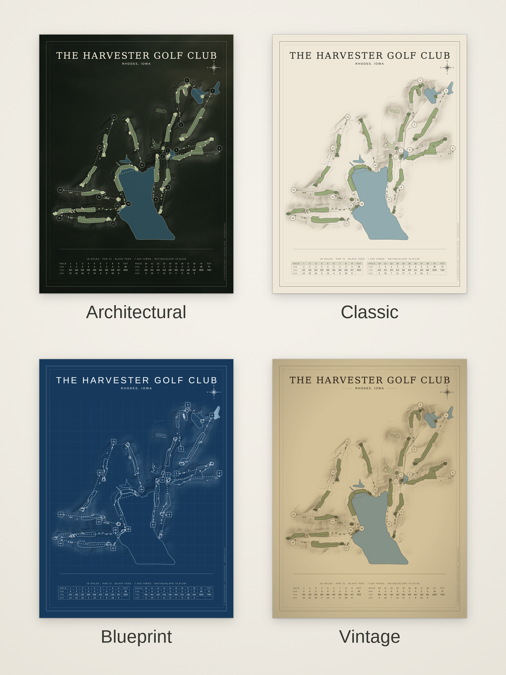 The Harvester Golf Club course map poster in four styles: Architectural, Classic, Blueprint and Vintage