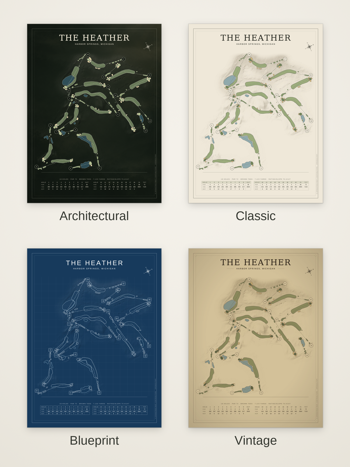 The Heather course map poster in four styles: Architectural, Classic, Blueprint and Vintage