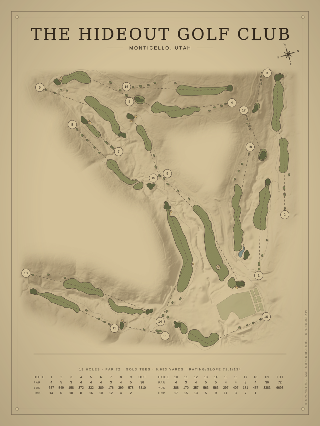 The Hideout Golf Club course map poster, Vintage style, 12×16 / 18×24