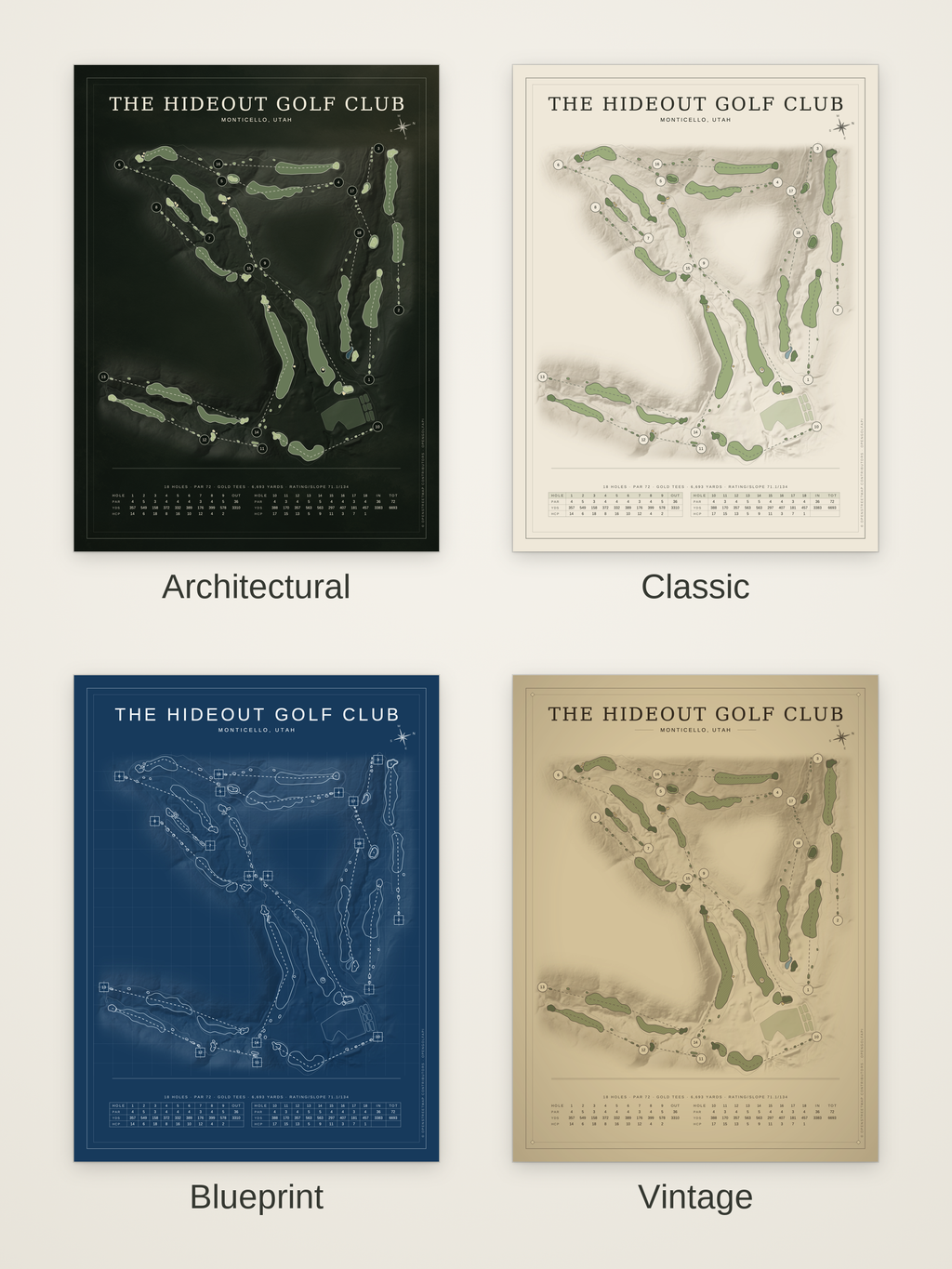 The Hideout Golf Club course map poster in four styles: Architectural, Classic, Blueprint and Vintage