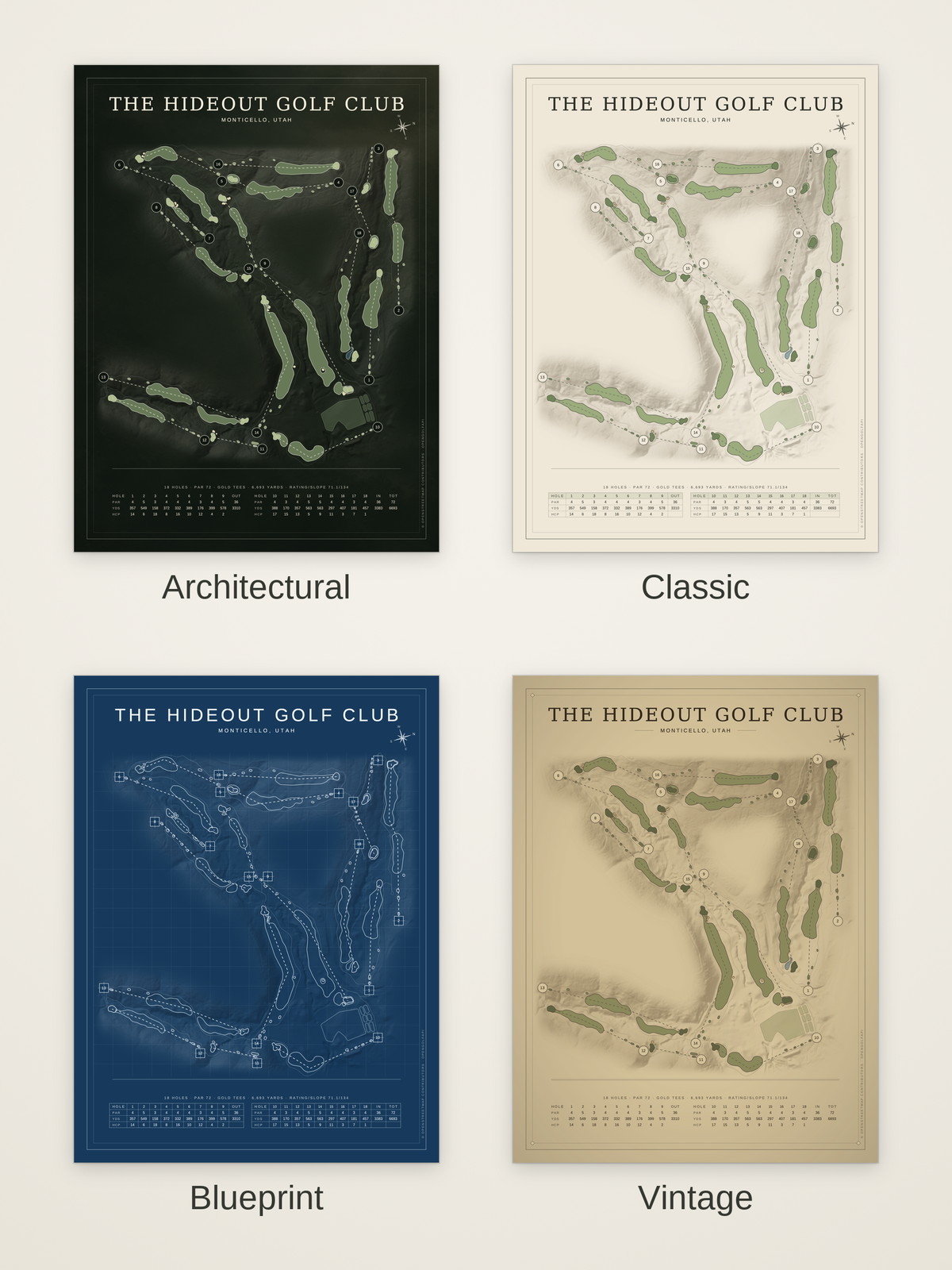 The Hideout Golf Club course map poster in four styles: Architectural, Classic, Blueprint and Vintage