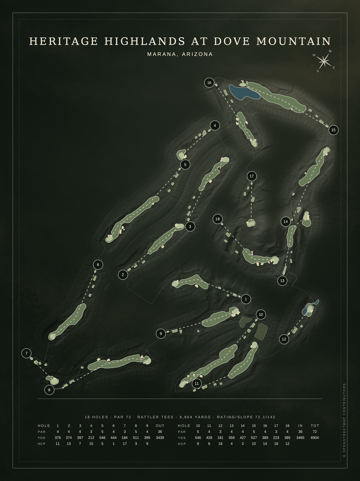 Heritage Highlands at Dove Mountain course map poster, Architectural style, 12×16 / 18×24