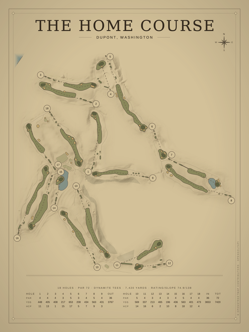 The Home Course map poster, Vintage style, 12×16 / 18×24