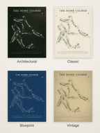 The Home Course map poster in four styles: Architectural, Classic, Blueprint and Vintage