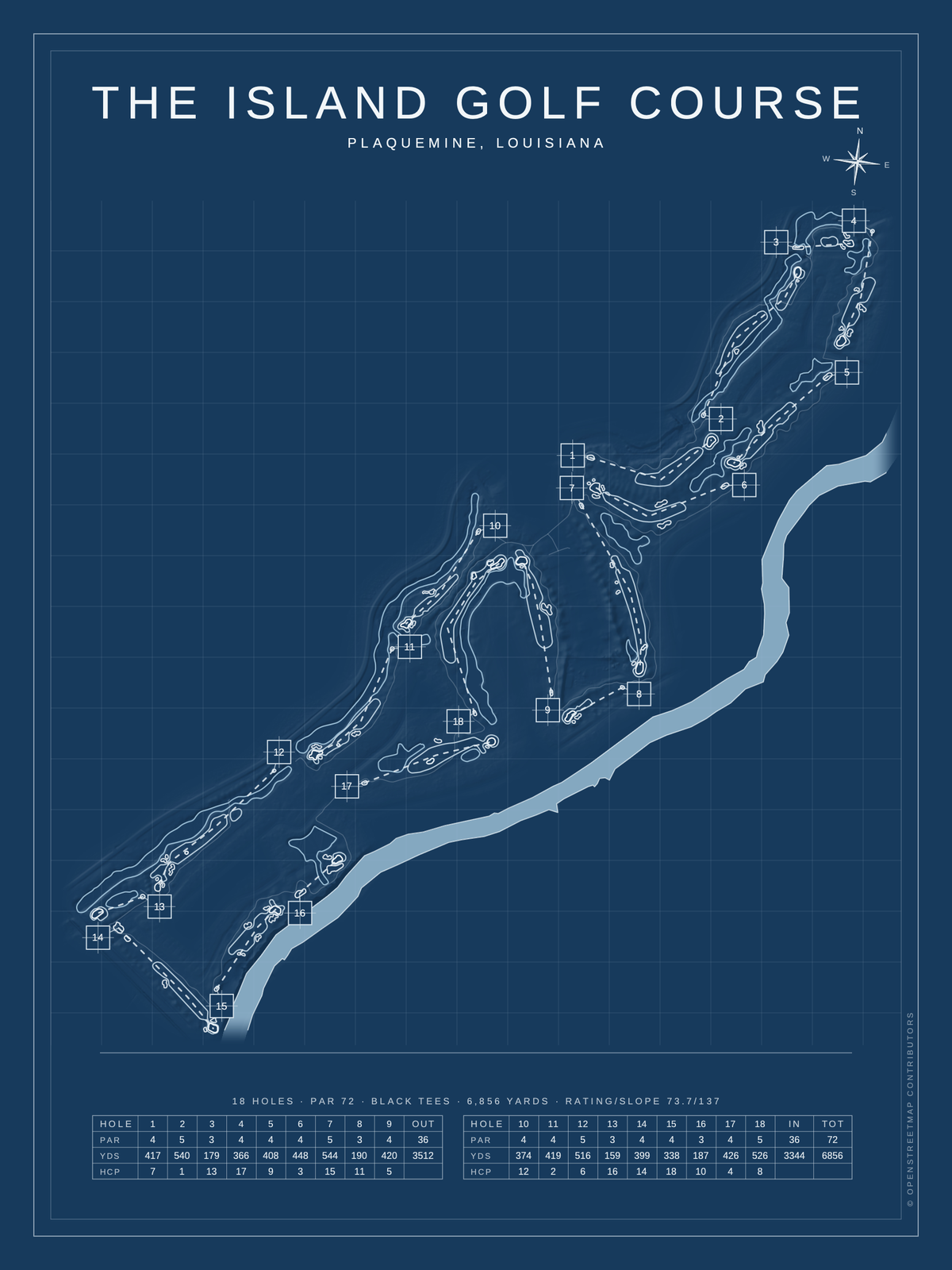 The Island Golf Course map poster, Blueprint style, 12×16 / 18×24