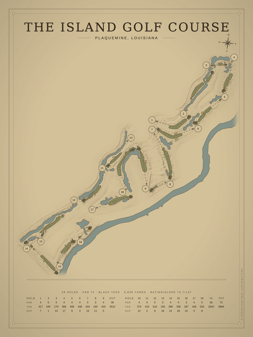 The Island Golf Course map poster, Vintage style, 12×16 / 18×24