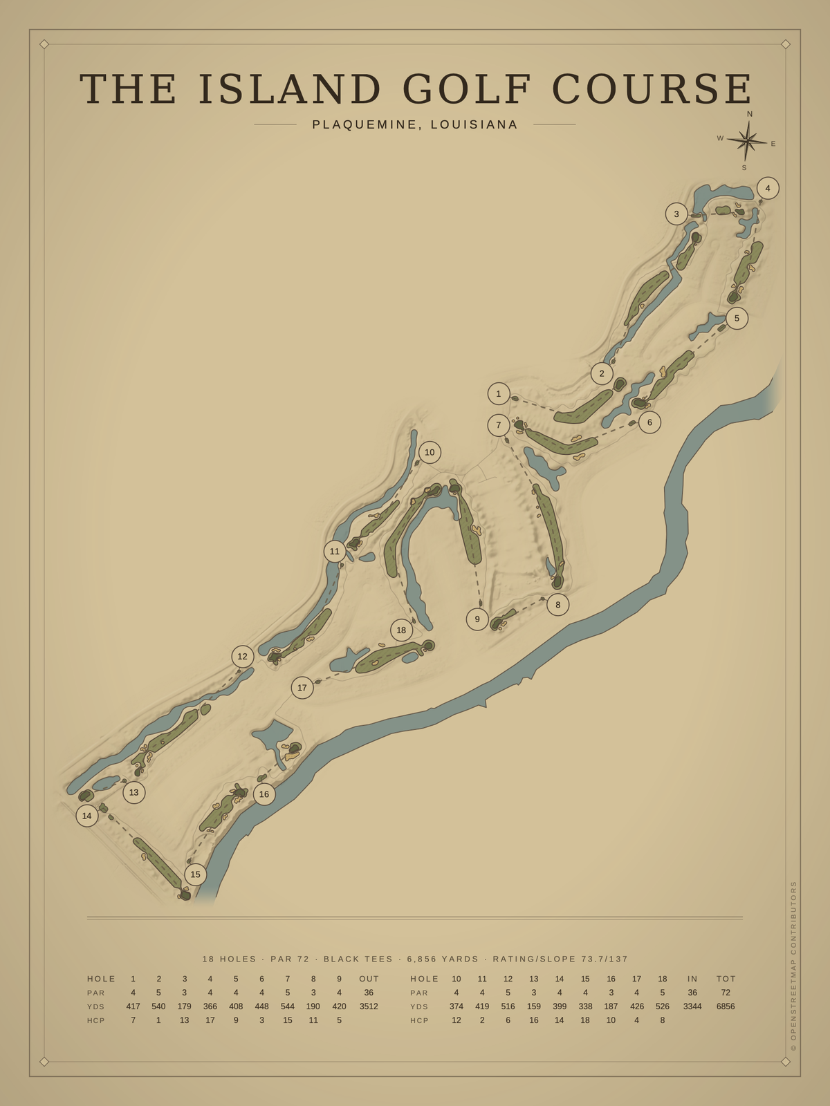 The Island Golf Course map poster, Vintage style, 12×16 / 18×24